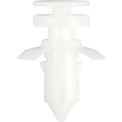 White plastic split rivets, viewed from the side, with a pointed end and two wing-like elements for fastening.