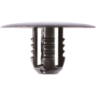 A black plastic clip, primarily used for fastening purposes. Features serrated edges for improved grip.