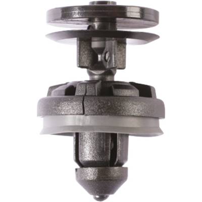 A grey and black plastic push-pin clip for securing interior trim in a car, consisting of two disc-shaped parts.