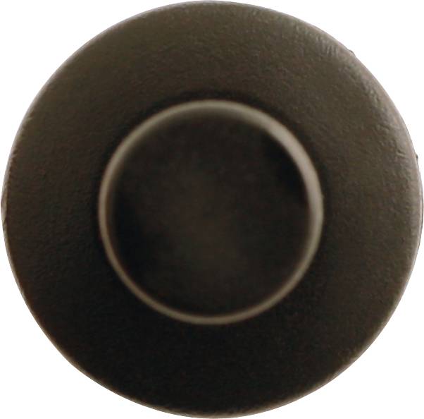 Black plastic button viewed from above, with raised central area.