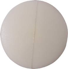 A white, round and flat tablet with a scoring line in the middle. Suitable for dividing into two equal halves.