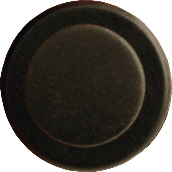A black, round button or switch, centrally positioned.