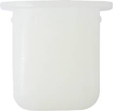 A white, cylindrical plastic lid that serves as a container closure is shown in close-up.