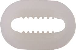 A white, oval object with a rectangular hole in the centre, surrounded by jagged edges around the hole's perimeter.