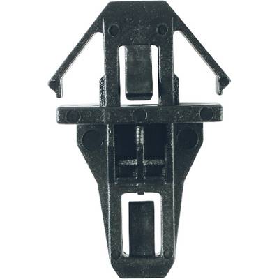 A black plastic clip with a complex structure and multiple mounting tabs, likely for installation on a wall or panel.
