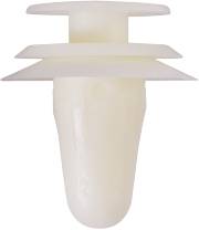 A white plastic stopper with two broad flat rings around a conical body. Used for sealing or fastening.