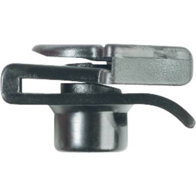 Metallic quick-release clip from a side view; shows the main components and function of the fastener.