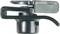 Metallic quick-release clip from a side view; shows the main components and function of the fastener.