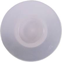 A white, round vessel viewed from above, possibly a lid or container, centred in the image.