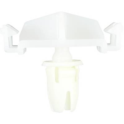 Plastic mounting bracket with two side clip arms, a central round head, and a fixing pin, used for securing cables or hoses.