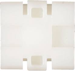 A white, rectangular plastic block with three square recesses and two lateral notches.