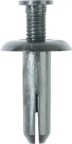 A black plastic rivet with a round head and straight shaft. Commonly used for holding trim components or similar applications.