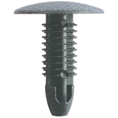 Plastic fixing clip in mushroom shape, shown from the side, with serrated shaft and flat head, for securing materials.