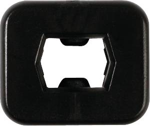 A black, rectangular plastic component with a hexagonal hole in the centre, likely a housing or cover.