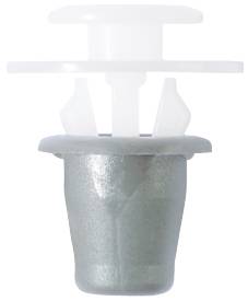 Two-component plastic closure comprising a grey lower cap and a transparent upper spool.