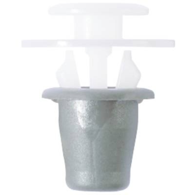 Two-component plastic closure comprising a grey lower cap and a transparent upper spool.