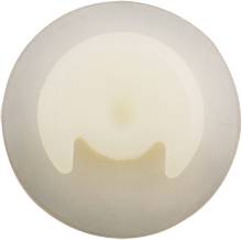 A single, white, round button with a smooth surface and two small indentations at the bottom, set against a grey background.