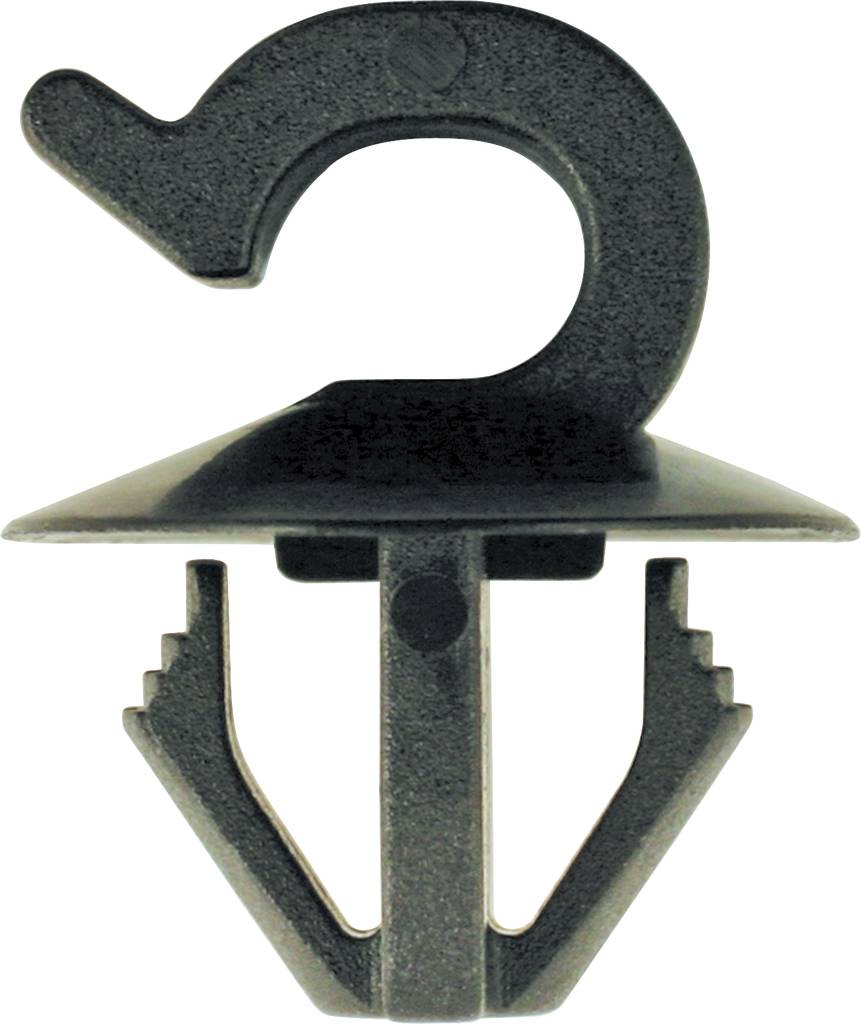 Plastic clip with a hook and spreading feet, typical for fastenings in vehicles or furniture pieces.