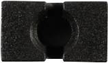 A small, black, rectangular metal piece with a round opening in the centre. Possibly a connecting component.