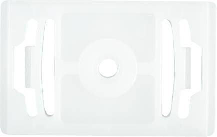 A white, rectangular plastic insert with symmetrical slots and a central round hole, possibly a holder or spacer.