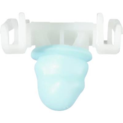 A white plastic holder with a light blue, stubby silicone insert.