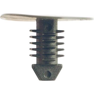 Black, ribbed plastic stopper with a flat, round top surface and a conical base, used for securing or sealing holes.