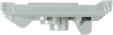 Grey plastic component with multiple protruding and recessed structures. Potentially part of a larger mechanism.