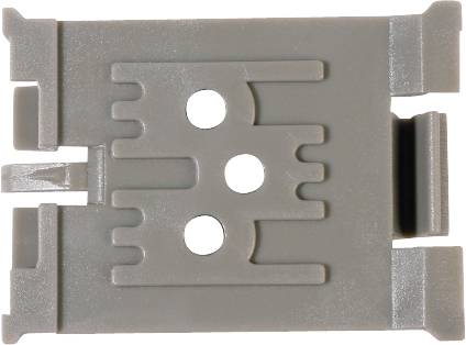 A grey plastic part, rectangular with three round holes in the centre and serrated edges, possibly a connection adapter.