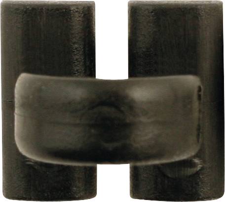 Black plastic component used for connecting or securing pipes or cables. It consists of two cylindrical sections.