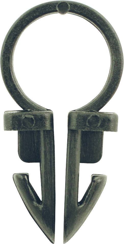 A black, metallic paper clip in the shape of an anchor, typically used to hold papers or light materials together.