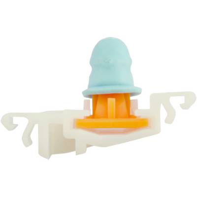 A plastic component with a blue upper section, an orange middle section, and a white base with a hook-like structure.