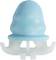 A blue baby bottle teat made of soft material, mounted on a white plastic ring.
