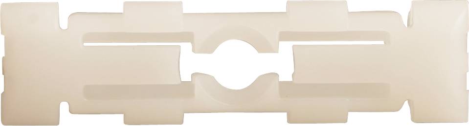 A white plastic clip with multiple symmetrical openings and notches, potentially for fastening or as part of a construction.