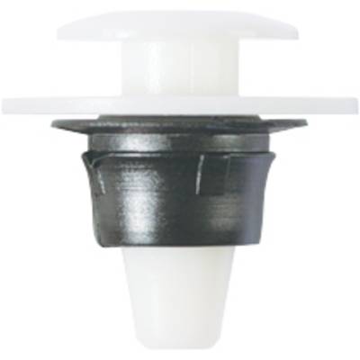 A white and black plastic stopper with a stepped design, suitable for a mounting opening.