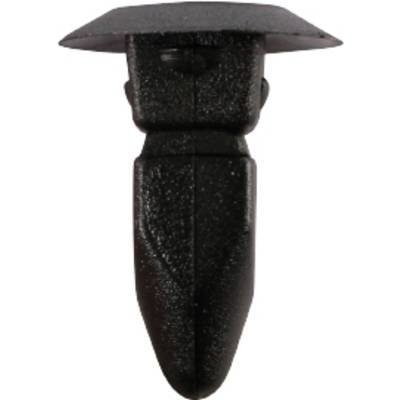 Black plastic rivet clip with a rectangular head and a tapered end, commonly used in the automotive industry.