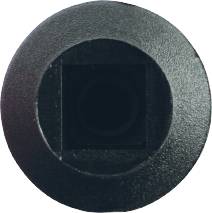 Black, round object with a square opening in the centre, potentially an adapter or connector piece.