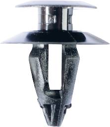 A black plastic clip for securing bodywork components or interior trim in vehicles.