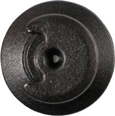 Black, round plastic cover with a central aperture, potentially designed for mounting or serving as a protective cover.