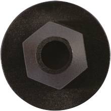 Black metal hexagonal screw head with a central hole, viewed from above.