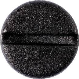 Round, black object with a rough texture and a horizontal slit, similar to a screw head surface.