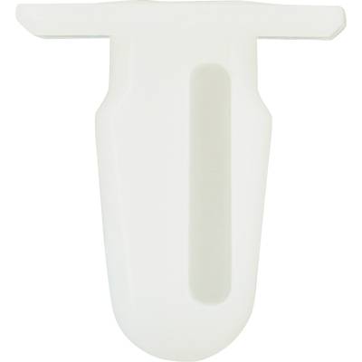 A white, plastic-like object with a narrow, centrally positioned slit. Potentially a component of a larger mechanical system.