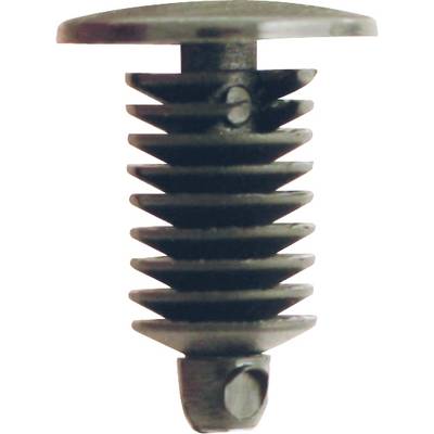 A black plastic wall plug with a ribbed shaft and wide head, used for securing materials.