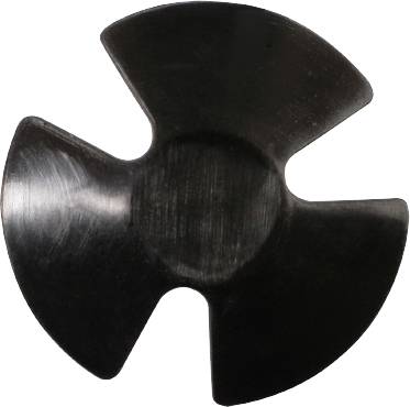 A black, three-bladed metal fan blade, viewed from above.