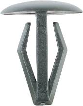 A grey plastic fixing clip with a round head and two flexible, splaying legs for securing materials.