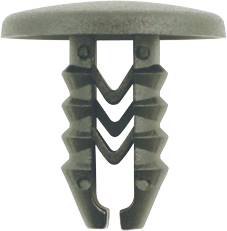 Plastic clip with a round head and serrated shaft, used for securing trim components in automobiles.