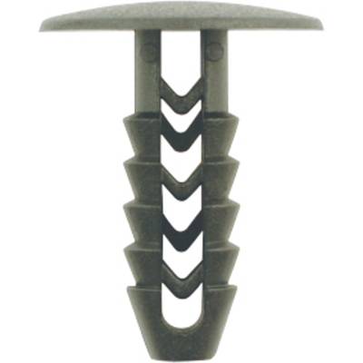 A grey plastic fixing wall plug with multiple expansion points is positioned vertically.