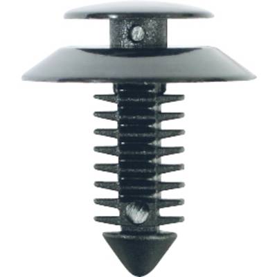 A black plastic clip with a tapered tip and wide head, used for attaching trim or interior panels in vehicles.