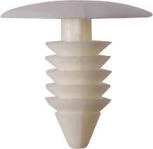 A white, ribbed plastic wall plug, shown from the side.