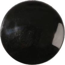 A round black button in close-up. It has a smooth, shiny surface with slight signs of wear.