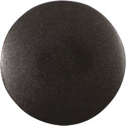 A single, black, circular button in close-up, seemingly made of plastic.